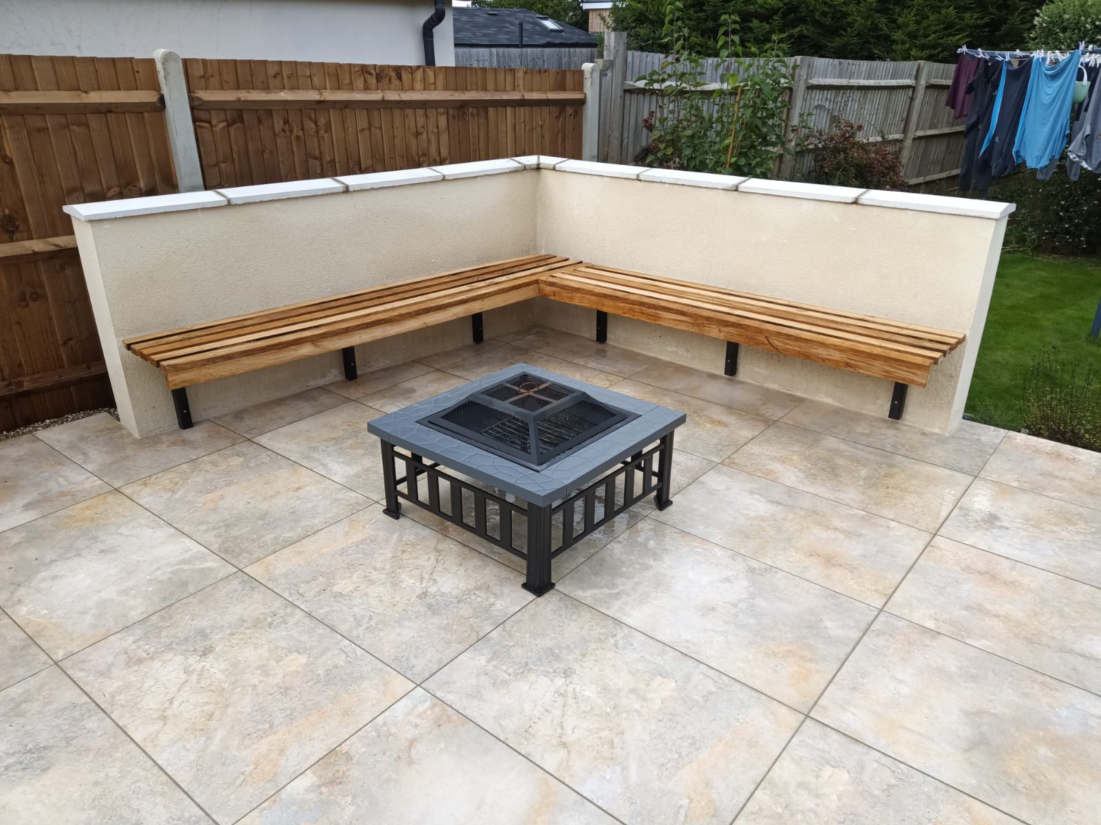 Patio installation with bench and wall in Staplehurst, Kent